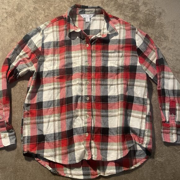 OLD NAVY Shirt Womens Medium Flannel Boyfriend Button Down Red Plaid Long Slv - Picture 2 of 7